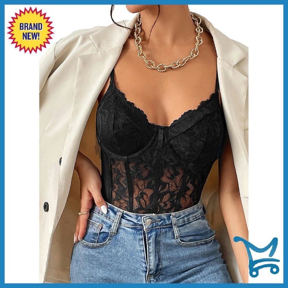 Sheer Mesh Lace Bustier Bodysuit Slim Fit Shapewear Cami Top
